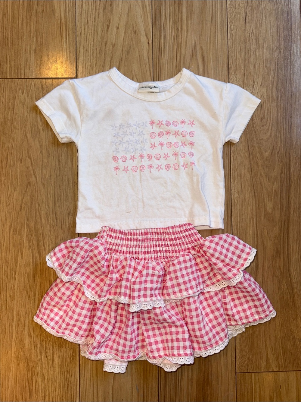 Sincerely Jules Girls Pink Gingham Ruffle Skirt - White Top Set